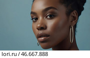 Beautiful portrait of a natural African-American girl on a neutral blue background. Cosmetology, skin care, facial care and makeup. Стоковое AI-изображение, AI-художник Photojuli / Фотобанк Лори