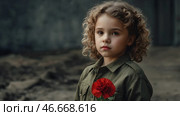The concept of the May 9th holiday. Portrait of a beautiful girl in khaki clothes with red carnation flowers. Celebration of Victory Day 1941-1945. Стоковое AI-изображение, AI-художник Photojuli / Фотобанк Лори