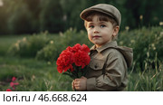 The concept of the May 9th holiday. Portrait of a beautiful girl in khaki clothes with red carnation flowers. Celebration of Victory Day 1941-1945. Стоковое AI-изображение, AI-художник Photojuli / Фотобанк Лори