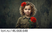 The concept of the May 9th holiday. Portrait of a beautiful girl in khaki clothes with red carnation flowers. Celebration of Victory Day 1941-1945. Стоковое AI-изображение, AI-художник Photojuli / Фотобанк Лори