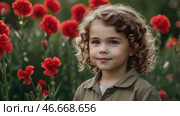 The concept of the May 9th holiday. Portrait of a beautiful girl in khaki clothes with red carnation flowers. Celebration of Victory Day 1941-1945. Стоковое AI-изображение, AI-художник Photojuli / Фотобанк Лори