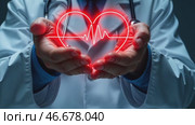 Neon heart with cardiogram in the hands of cardiologist. Concept of prevention and treatment of cardiovascular diseases. Modern medical technologies. Стоковое AI-видео, аниматор Ирина / Фотобанк Лори
