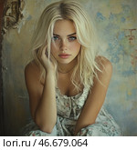 A young girl with long blond hair and expressive eyes. Her gaze is directed straight ahead, creating a sense of depth and emotionality. She is wearing a light dress with a floral pattern, and her pose is relaxed: one hand touches her face, and the other lies on her knees. The background is done in pastel colors with textured details, reminiscent of an old wall with painting elements. The overall atmosphere of the image is romance, tenderness and natural beauty. Стоковое AI-изображение, AI-художник Анна Кривицкая / Фотобанк Лори
