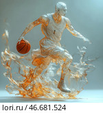 A basketball player in dynamic motion, executed in a futuristic and abstract style. His body seems to consist of thin energy threads, intertwined in the shape of a human figure. Parts of the clothing, such as a T-shirt and sneakers, look more real, creating an interesting contrast between the material and the immaterial. In one hand he holds a basketball, and his movements are conveyed with the effect of fluid energy, as if he dissolves in space. The color scheme combines light shades with orange glowing lines, emphasizing the dynamics and energy. Стоковое AI-изображение, AI-художник Анна Кривицкая / Фотобанк Лори