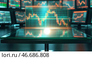 Charts and graphs display market trends in a modern trading room with high-tech screens at night. Стоковое AI-изображение, AI-художник Сергей Толмачёв / Фотобанк Лори
