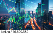 Trendy city skyline with financial data overlay during twilight showcasing modern commerce and technology. Стоковое AI-изображение, AI-художник Сергей Толмачёв / Фотобанк Лори