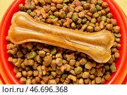Миска с сухим кормом для собак и косточка для жевания на цветном фоне, крупным планом. Стоковое фото, фотограф Pixel_shot / Фотобанк Лори