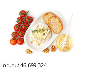 Тарелка вкусного запеченного сыра Камамбер с помидорами, медом и хлебом на белом фоне. Стоковое фото, фотограф Pixel_shot / Фотобанк Лори