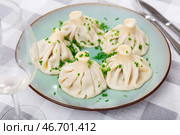 There is portion of khinkali on plate - national Georgian dish made of dough and meat. Стоковое фото, фотограф Яков Филимонов / Фотобанк Лори