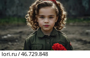 The concept of the May 9th holiday. Portrait of a beautiful girl in khaki clothes with red carnation flowers. Celebration of Victory Day 1941-1945. Стоковое AI-изображение, AI-художник Photojuli / Фотобанк Лори