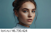 Beautiful portrait of a natural girl on a neutral blue background. Cosmetology, skin care, facial care and makeup. Стоковое AI-изображение, AI-художник Photojuli / Фотобанк Лори