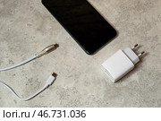 Черный смартфон, блок питания и кабель микро USB на сером фоне. Адаптер питания, зарядное устройство для бытовой электроники. Редакционное фото, фотограф Sergei Gorin / Фотобанк Лори
