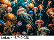 Scuba diving. Diving. Colorful jellyfish swim in tropical waters. A jellyfish in the underwater world of wild animals. Ocean wildlife watching. Стоковое AI-изображение, AI-художник Photojuli / Фотобанк Лори