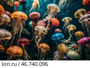 Scuba diving. Diving. Colorful jellyfish swim in tropical waters. A jellyfish in the underwater world of wild animals. Ocean wildlife watching. Стоковое AI-изображение, AI-художник Photojuli / Фотобанк Лори