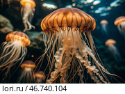 Scuba diving. Diving. Colorful jellyfish swim in tropical waters. A jellyfish in the underwater world of wild animals. Ocean wildlife watching. Стоковое AI-изображение, AI-художник Photojuli / Фотобанк Лори