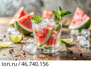 Fresh delicious watermelon lemonade, mint, ice cubes and pieces of watermelon. A summer refreshing drink. Стоковое AI-изображение, AI-художник Photojuli / Фотобанк Лори