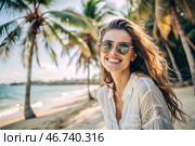 A beautiful girl in a white cotton shirt and sunglasses on the ocean against a background of palm trees. She smiles and looks at the camera. Summer holidays and vacations. Стоковое AI-изображение, AI-художник Photojuli / Фотобанк Лори