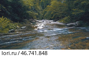 Beautiful scenery with fast flowing wild river and wet stones, deciduous green forest. Стоковое фото, фотограф David Kashakhi / Фотобанк Лори