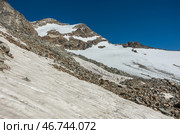 Вид на гору Пирамида Винсента (Vincent Pyramid ) и ледник Борс в массиве Монте-Роза (Monte Rosa) недалеко от Пунта-Индрена.(Punta Indren) Регион Аланья-Вальсезия, Италия (2018 год). Стоковое фото, фотограф Дымов Игорь / Фотобанк Лори