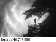 A dramatic black and white scene in which a lone figure in a long cloak stands on the edge of a cliff. A powerful stream of energy rages in front of the man, reminiscent of a waterfall or a vortex of light and lightning. A tree with curved branches hangs over the edge of the cliff, adding a mystical and gothic atmosphere to the picture. Glowing lightning or swirling clouds create a sense of impending disaster, while the figure remains motionless, as if waiting for something inevitable. The picture is filled with a philosophical mood, symbolizing loneliness, fate and the unknown. Стоковое AI-изображение, AI-художник Анна Кривицкая / Фотобанк Лори