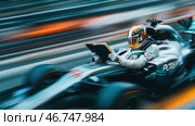 A Formula 1 driver is racing at full speed in a racing car, holding an open book in his hands. This surreal moment combines high technology and extreme speed with intellectual activity, creating an unexpected contrast. The blurred background and traces of movement emphasize the speed of the race, and the driver himself remains focused on reading, ignoring the danger. His racing suit and helmet make him part of the world of motorsport, but the book in his hands adds an element of absurdity and irony. Стоковое AI-изображение, AI-художник Анна Кривицкая / Фотобанк Лори