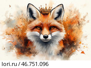 A majestic fox with a piercing gaze and a golden crown on her head. Her fur shimmers with warm shades of red, white and black, creating a realistic texture. The background is done in an artistic watercolor style with autumn shades, light splashes of paint and smooth floral patterns. The composition conveys the image of a wise, cunning and graceful forest queen, emphasizing her natural grandeur and mystery. Стоковое AI-изображение, AI-художник Анна Кривицкая / Фотобанк Лори