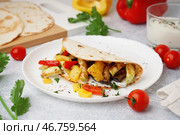 Тарелка вкусного питы с грильованными овощами на белом фоне. Стоковое фото, фотограф Pixel_shot / Фотобанк Лори
