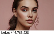 Beautiful portrait of a natural girl on a neutral pink background. Cosmetology, skin care, facial care and makeup. Стоковое AI-изображение, AI-художник Photojuli / Фотобанк Лори