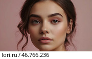 Beautiful portrait of a natural girl on a neutral pink background. Cosmetology, skin care, facial care and makeup. Стоковое AI-изображение, AI-художник Photojuli / Фотобанк Лори