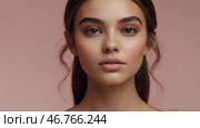 Beautiful portrait of a natural girl on a neutral pink background. Cosmetology, skin care, facial care and makeup. Стоковое AI-изображение, AI-художник Photojuli / Фотобанк Лори