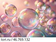 The banner. Festive background with shimmering, shiny, iridescent transparent soap bubbles. Beautiful side. Стоковое AI-изображение, AI-художник Photojuli / Фотобанк Лори