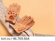 Кожаные мужские перчатки и вязанный шарф на цветном фоне. Стоковое фото, фотограф Pixel_shot / Фотобанк Лори