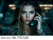 Молодая женщина на телефоне в офисе выглядит встревоженной в ситуации телефонного мошенничества. Стоковое AI-изображение, AI-художник Сергей Никифоров-Гордеев / Фотобанк Лори