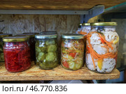 Стеклянные банки с консервированными продуктами на полке в кладовке. Стоковое фото, фотограф Наталья Шатохина/NEWS.ru / ТАСС / Фотобанк Лори