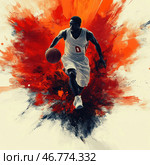 Dynamic artistic image of a basketball player dribbling a ball against a background of an explosion of bright red and orange colors. The player is dressed in a white uniform with the number "0", his pose is energetic and shows forward movement. The background resembles a mixture of abstract art and street graffiti, creating an effect of powerful energy and strength. The contrast between the dark figure of the athlete and the light background emphasizes his dynamics and the emotional intensity of the moment. Стоковое AI-изображение, AI-художник Анна Кривицкая / Фотобанк Лори
