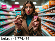 Молодая женщина удивленно сравнивает шоколадные плитки на полках магазина. Шринфлякция. Стоковое AI-изображение, AI-художник Сергей Никифоров-Гордеев / Фотобанк Лори