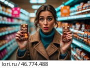 Молодая женщина испытывает удивление при сравнении упаковок шоколада в магазине. Шринфлякция. Стоковое AI-изображение, AI-художник Сергей Никифоров-Гордеев / Фотобанк Лори
