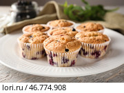 Тарелка с вкусными черничными маффинами на столе. Стоковое фото, фотограф Pixel_shot / Фотобанк Лори