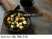 Вкусный сыр тофу в миске на сером столе. Стоковое фото, фотограф Pixel_shot / Фотобанк Лори