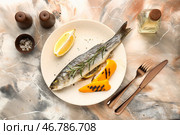 Тарелка с вкусно приготовленной сибасом на цветном фоне. Стоковое фото, фотограф Pixel_shot / Фотобанк Лори