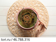 Женщина ест вкусный крем-суп с артишоком на столе. Стоковое фото, фотограф Pixel_shot / Фотобанк Лори