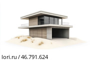A modern minimalist house located among sand dunes. The building is made in high-tech style, combining concrete, glass and wood. The upper floor has panoramic windows and an open terrace with metal railings, creating a feeling of spaciousness and integration with nature. The lower level includes a garage or open parking. The house fits harmoniously into the surrounding landscape, and its laconic design emphasizes the aesthetics of minimalism. Стоковое AI-изображение, AI-художник Анна Кривицкая / Фотобанк Лори