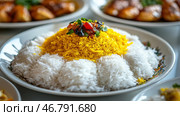 A rice dish served on a white plate. In the center is a portion of saffron (yellow) rice, surrounded by white fluffy rice. On top is a garnish of fried vegetables, herbs, and spices, giving the dish an appetizing appearance. The main dish is the focus, with other plates of food visible in the background, probably complementary to the main course. Стоковое AI-изображение, AI-художник Анна Кривицкая / Фотобанк Лори