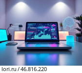 Ноутбук, на экране изображены графики и расчеты. Стоковое AI-изображение, AI-художник Boostport / Фотобанк Лори