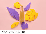 Композиция с бутылкой свежего содовой напитка и бумажными листьями на розовом фоне. Стоковое фото, фотограф Pixel_shot / Фотобанк Лори