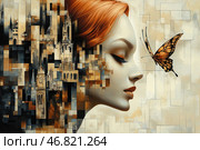 In the style of surrealism and combines a portrait of a woman with architectural elements that flow smoothly into her hair and head. The woman with red hair is depicted in profile, with her eyes closed and a calm expression on her face. A butterfly flies towards her, creating a sense of lightness and symbolism of the moment. The left part of the image consists of many geometric fragments in which ancient towers, buildings and clocks can be guessed, as if her thoughts and memories form an entire city. The color scheme is warm, in shades of gold, brown and beige. Стоковое AI-изображение, AI-художник Анна Кривицкая / Фотобанк Лори