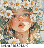 In an artistic style with elements of fantasy and romanticism. It depicts a young girl with blue eyes and freckles, surrounded by daisies. Her face is illuminated by soft sunlight, creating a play of shadows from the petals. The girl has parted lips, and her expression conveys a feeling of lightness, dreaminess and admiration for nature. The background is made in soft pastel colors with green and blue shades, emphasizing the freshness and tenderness of the composition. The flowers around her seem to be part of her being, creating an atmosphere of harmony between man and nature. Стоковое AI-изображение, AI-художник Анна Кривицкая / Фотобанк Лори