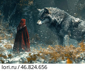 A fantasy interpretation of the tale of Little Red Riding Hood, but with a dark and mystical atmosphere. In the foreground stands a girl in a long scarlet hooded cloak, surrounded by a snowy forest. In front of her stands a huge wolf with a piercing gaze, his fur covered in frost. Their gazes intersect, creating a tense but mesmerizing interaction. Snow swirls and a muted color scheme (a combination of cool blues and warm golden hues) enhance the sense of mystery and drama. Стоковое AI-изображение, AI-художник Анна Кривицкая / Фотобанк Лори