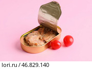 Открытая консервная банка с рыбой в соусе и помидорами на розовом фоне. Стоковое фото, фотограф Pixel_shot / Фотобанк Лори
