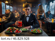 Вегетарианец среди пьяниц в уютном пивном баре. На столе интеллигентного молодого мужчины овощные блюда. На столах остальной публики пиво и мясо. Помещение прокурено. Стоковое AI-изображение, AI-художник Сергей Никифоров-Гордеев / Фотобанк Лори